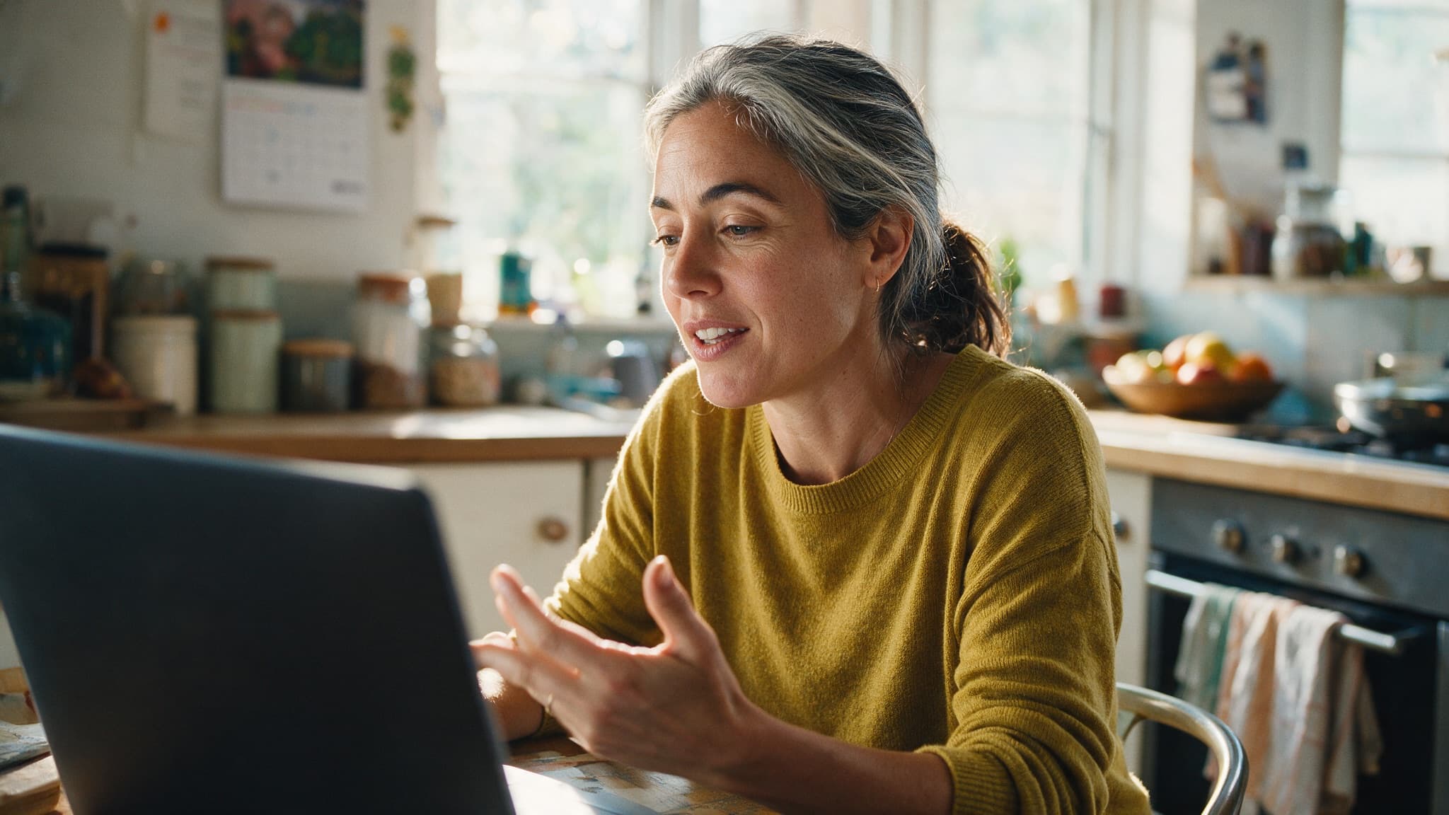 A candidate speaking with an interviewer via laptop in a kitchen