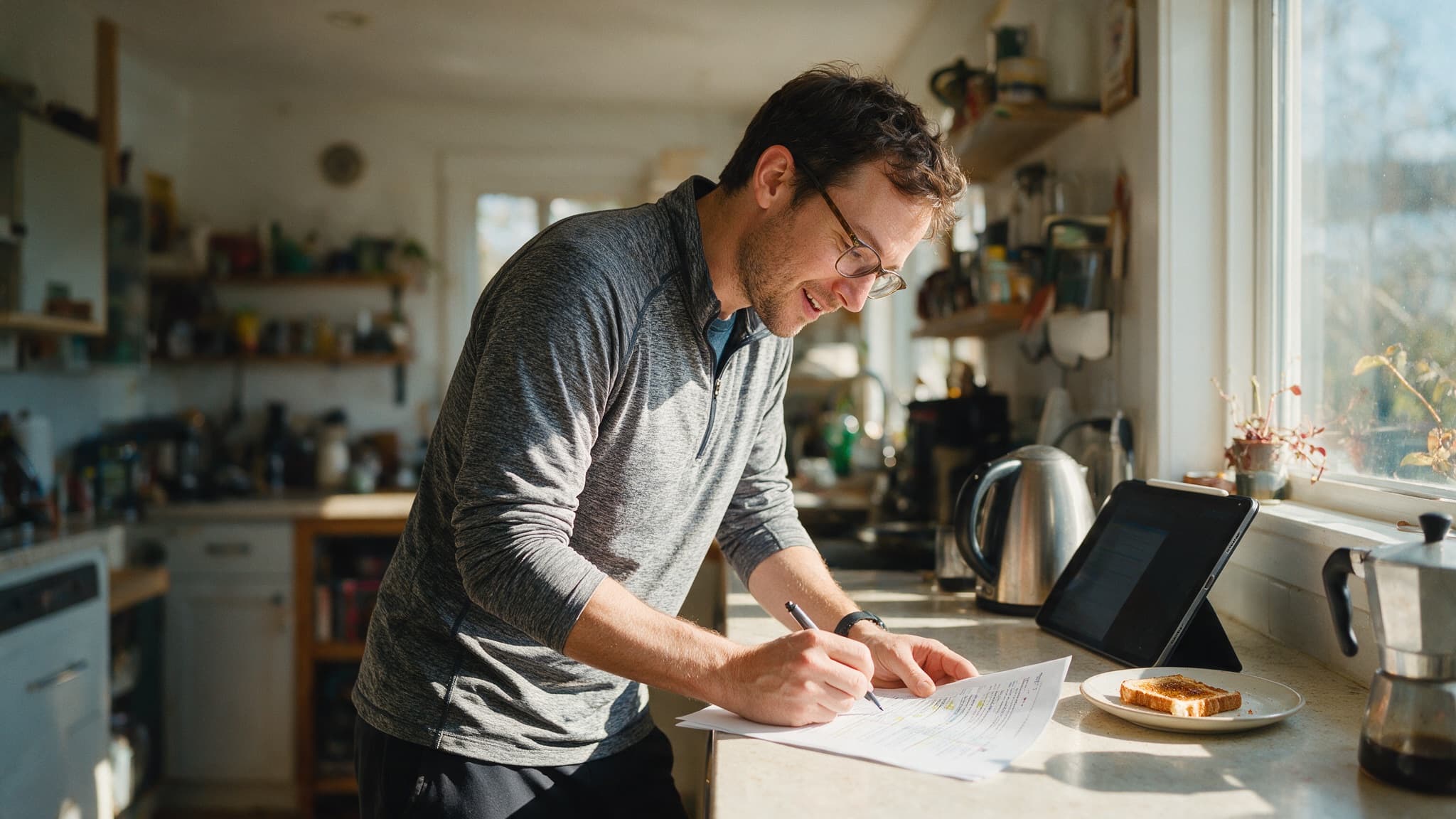 A candidate annotating a printed interview report on a kitchen counter