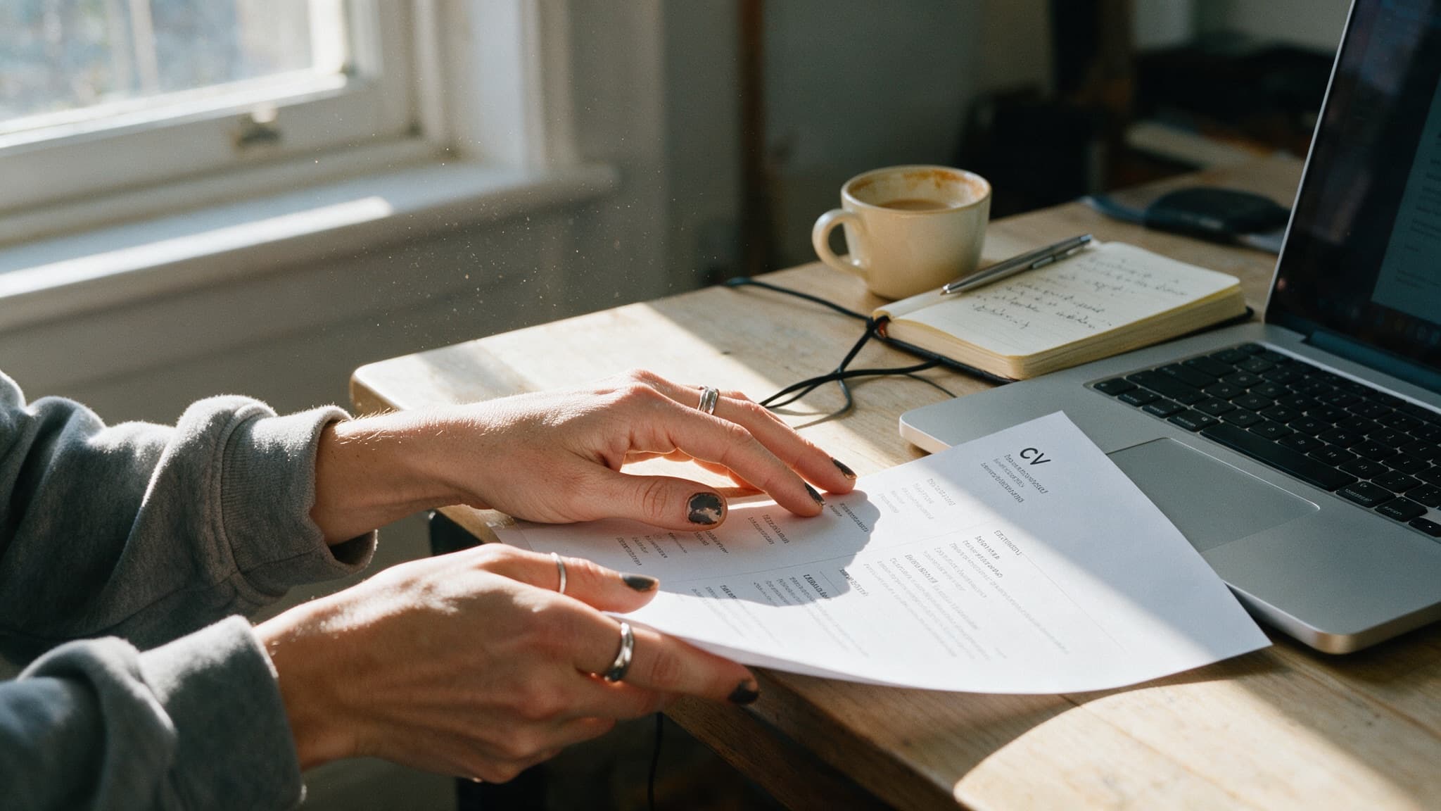 Hands leafing through a printed CV at a sunlit desk